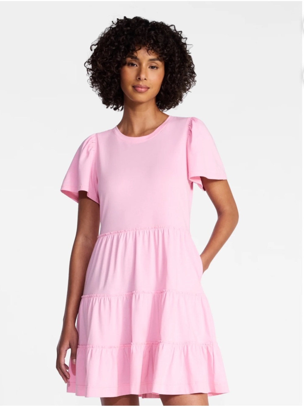 Time and Tru Light Pink Tiered Mini Dress with Flutter Sleeves